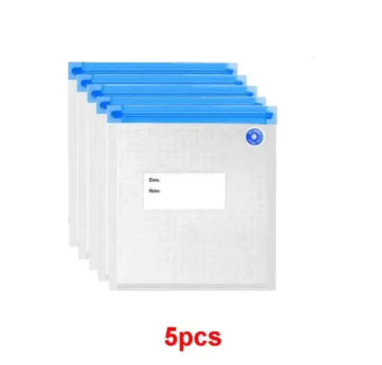 Set of five clear plastic bags with blue sealing strips on a white background