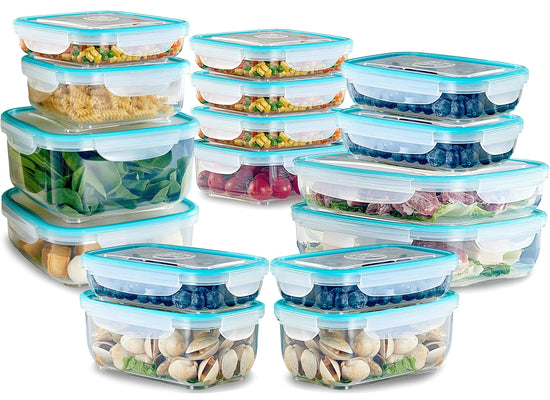 Set of food storage containers with various meals inside on a white background
