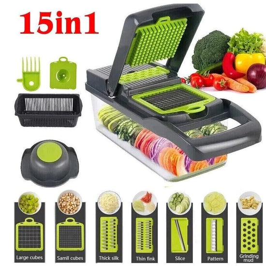 15-in-1 multi-functional kitchen tool with various attachments and sliced vegetables on a white background