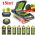 15-in-1 multi-functional kitchen tool with various attachments and sliced vegetables on a white background